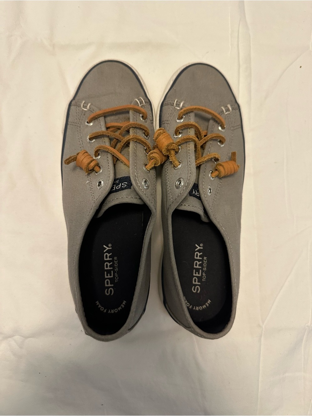 Sperry Gray Canvas Boat Shoes with Tan Leather Laces